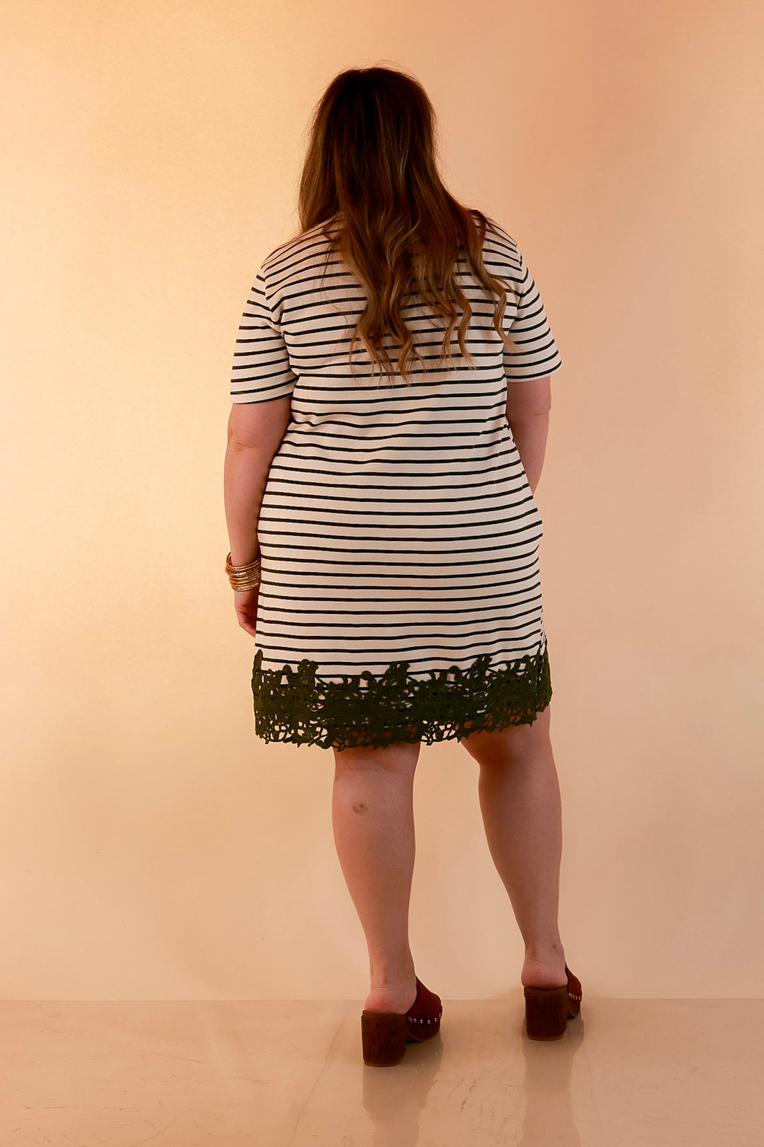 Beyond the Basics Striped Floral Lace Hem T-Shirt Dress in Ivory and Olive Green