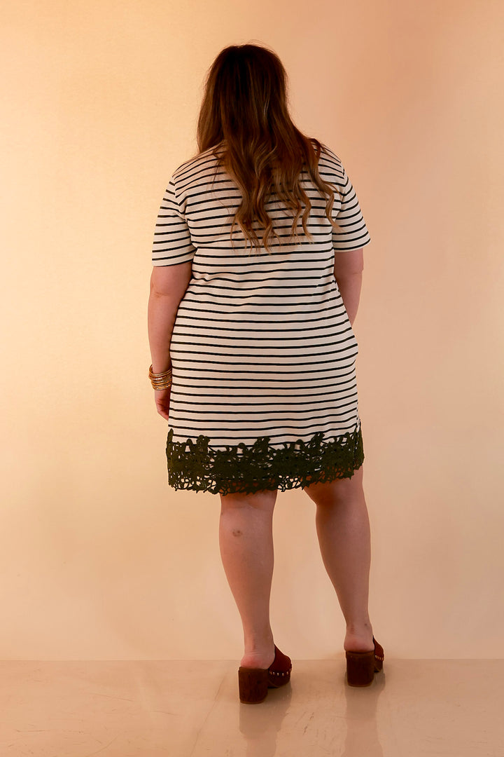 Beyond the Basics Striped Floral Lace Hem T-Shirt Dress in Ivory and Olive Green