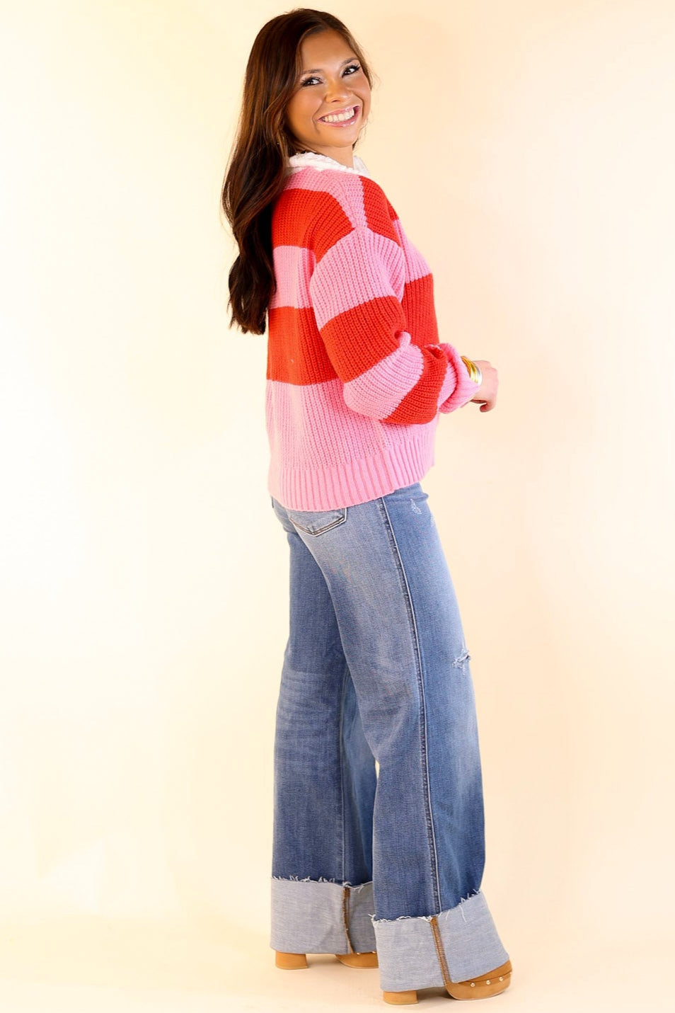 Candy Crush Half Zip Striped Rugby Style Sweater in Red and Pink