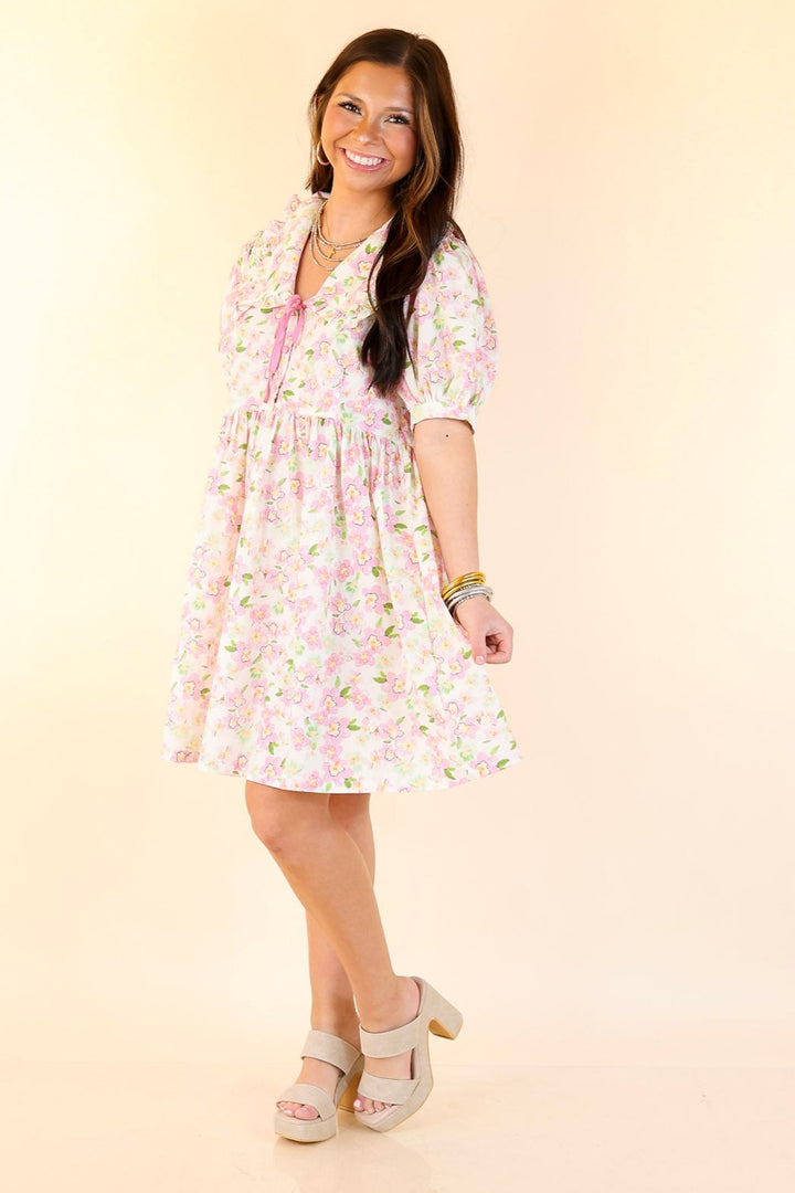 Pretty in Petals Pink Floral Babydoll Dress with Peter Pan Collar in Cream