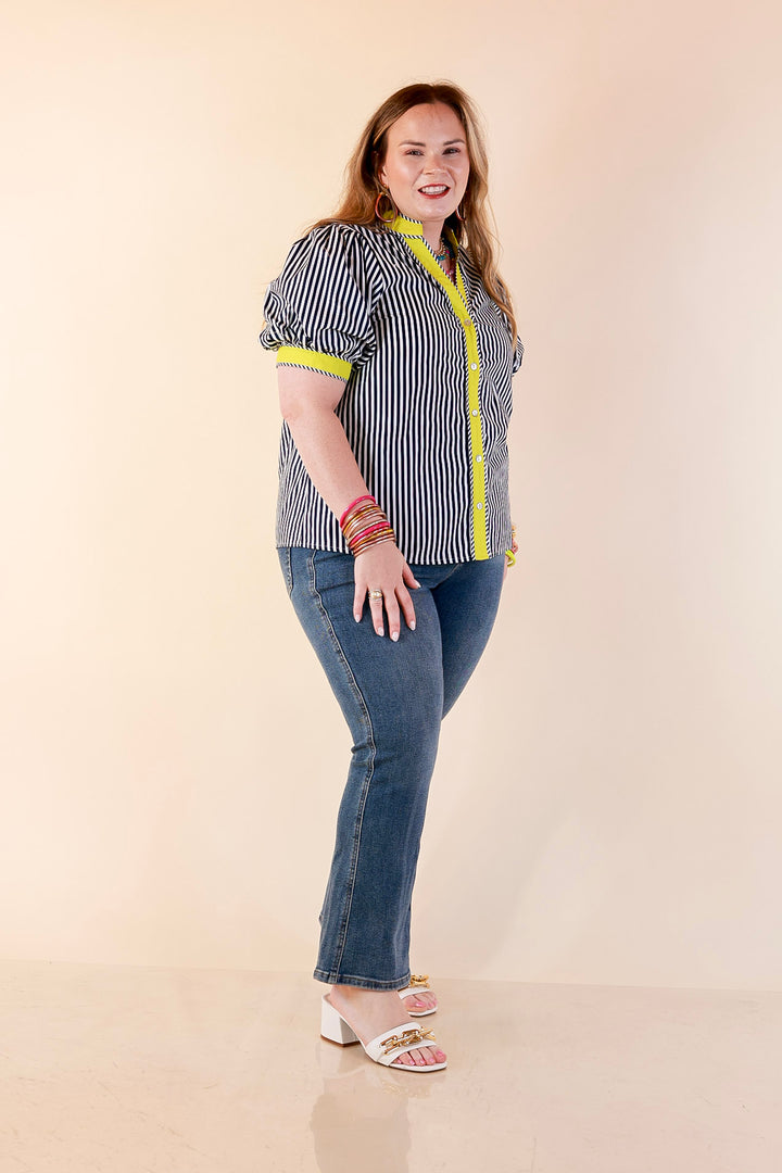 Pop of Polish Short Puff Sleeve Button Front Top with Contrast Trim in Navy Blue, White and Lime