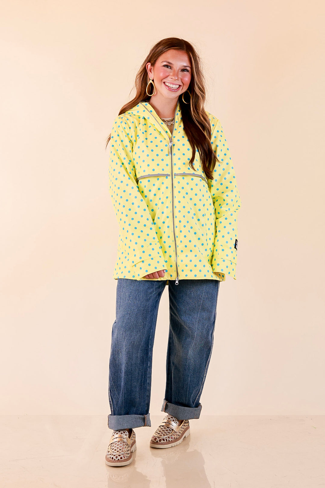 Lulu Mac | Chic Forecast Turquoise Blue Polka Dot Hooded Rain Jacket in Yellow