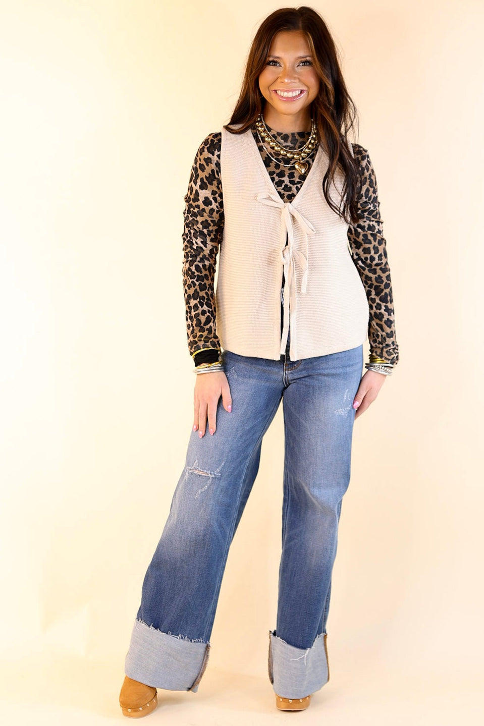 Main Attraction Bow Tie Front Sweater Vest in Natural