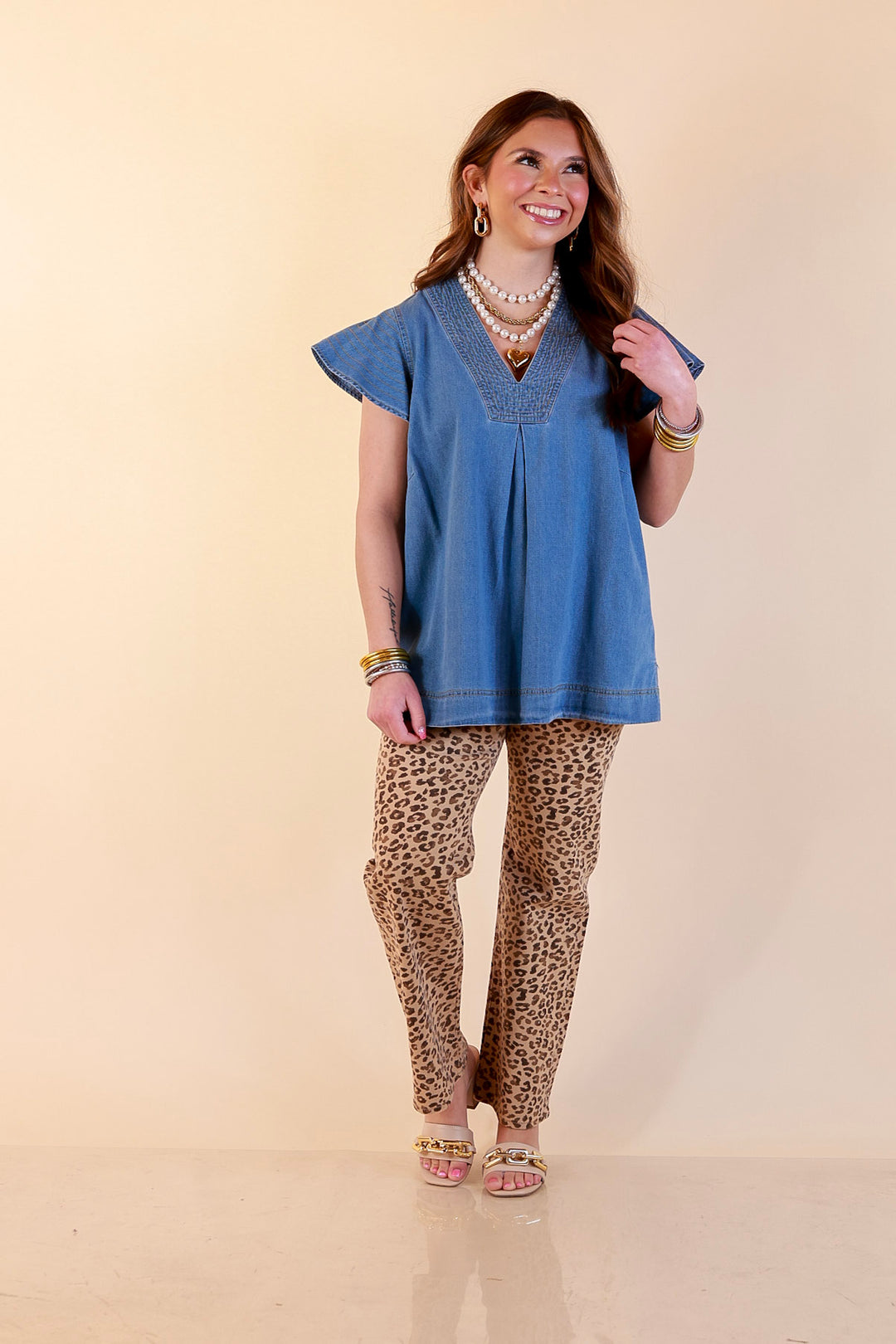 Clean and Collected V Neck Denim Top with Stitch Detail and Drop Shoulder Cap Sleeve in Medium Wash