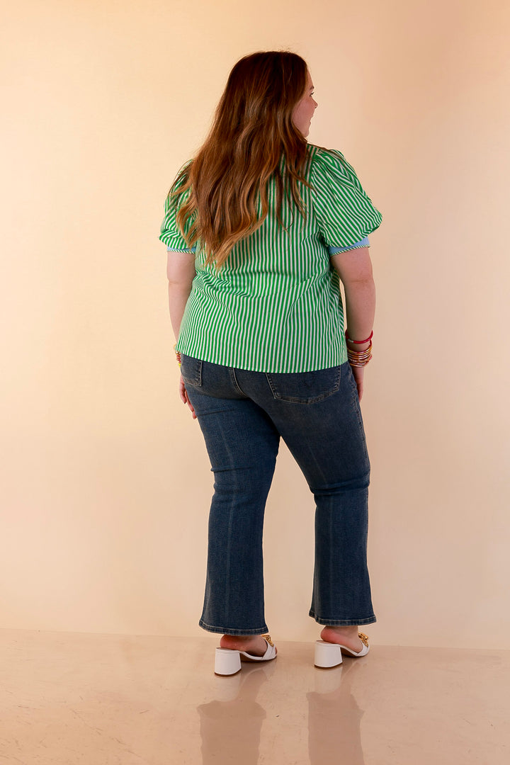 Pop of Polish Short Puff Sleeve Button Front Top with Contrast Trim in Kelly Green, White and Sky Blue