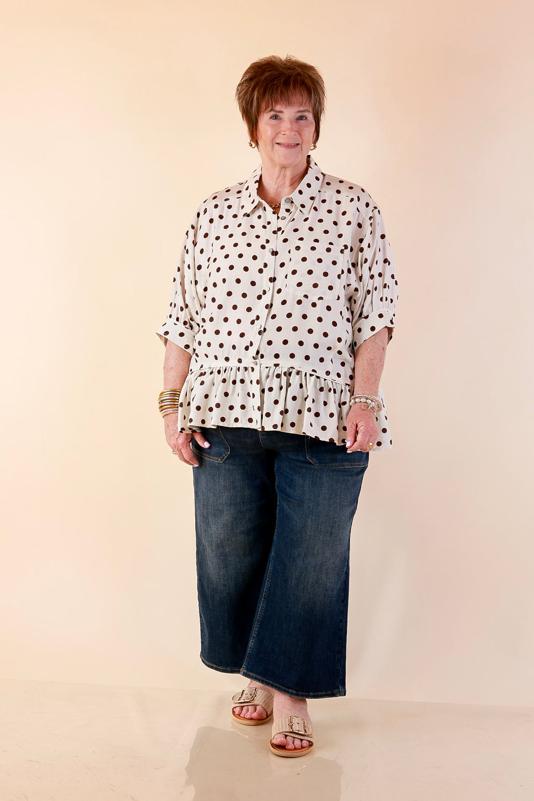Style Agenda Button Down Peplum Top with Polka Dot Print in Cream and Chocolate Brown