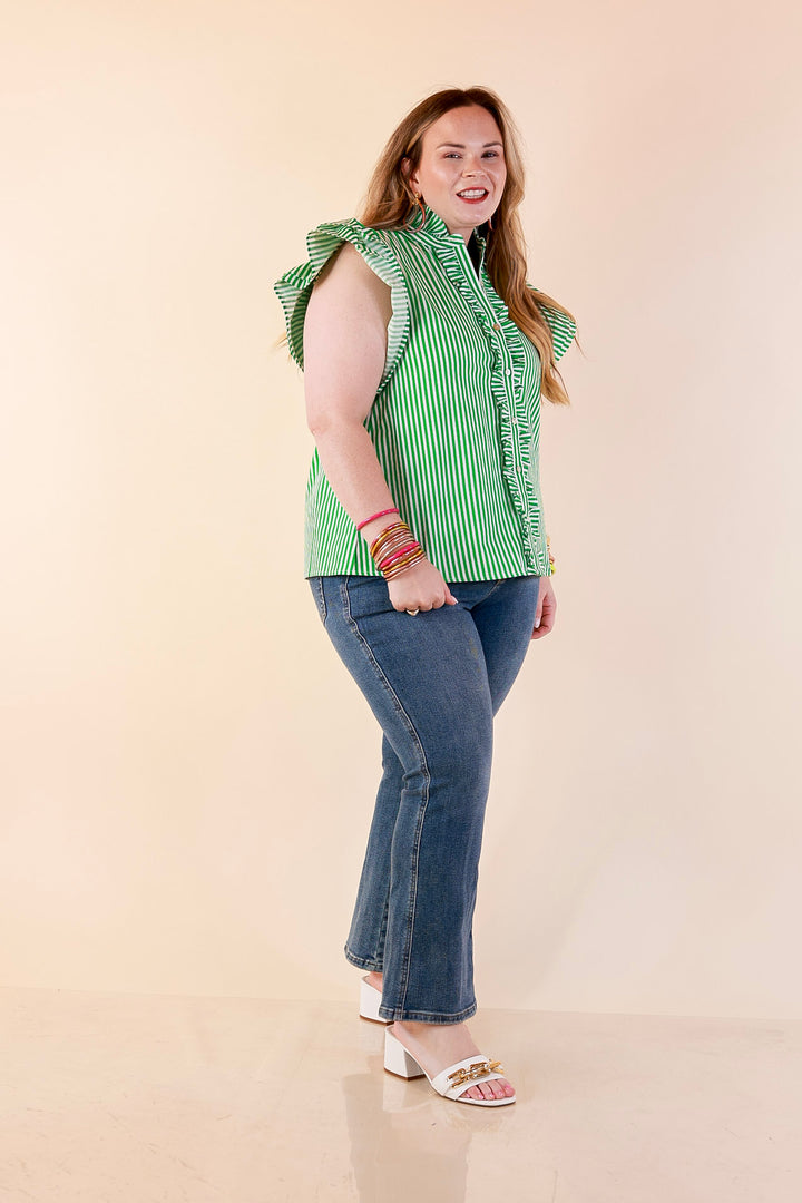 Polished Intentions Ruffle Short Sleeve Button Front Stripe Top in Green and White
