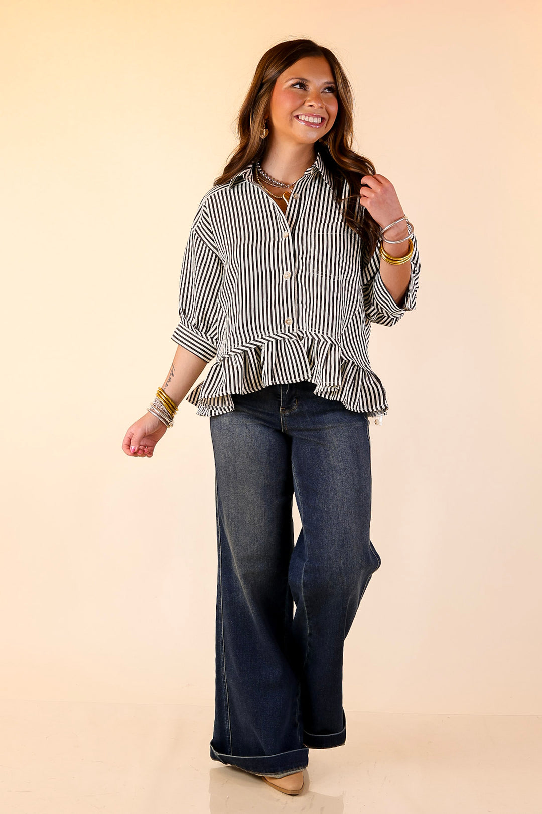 Style Agenda Striped Button Down Collared Top with Ruffle Peplum in Black