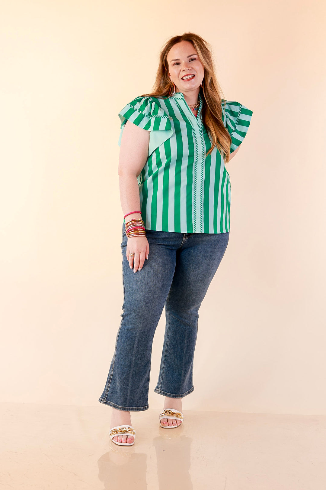 Simply Refined Striped Short Ruffle Sleeve Split Neck Stripe Top in Green and Blue