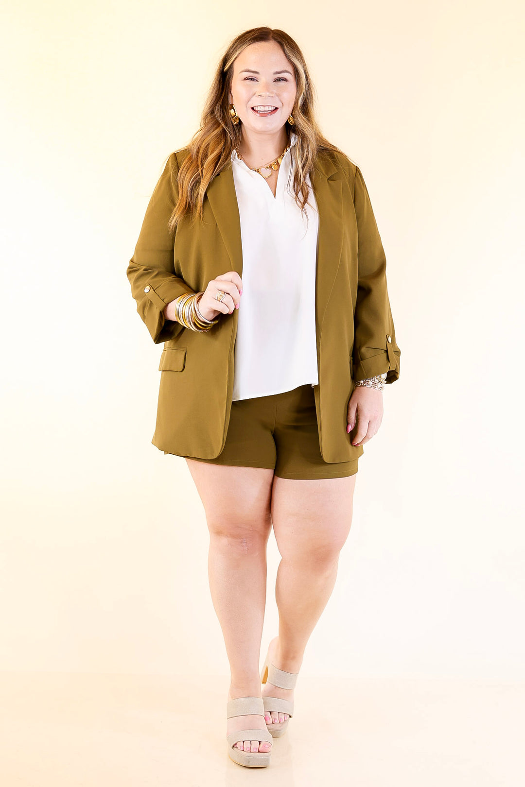 Fine Like Wine Belted Solid Shorts in Olive Green