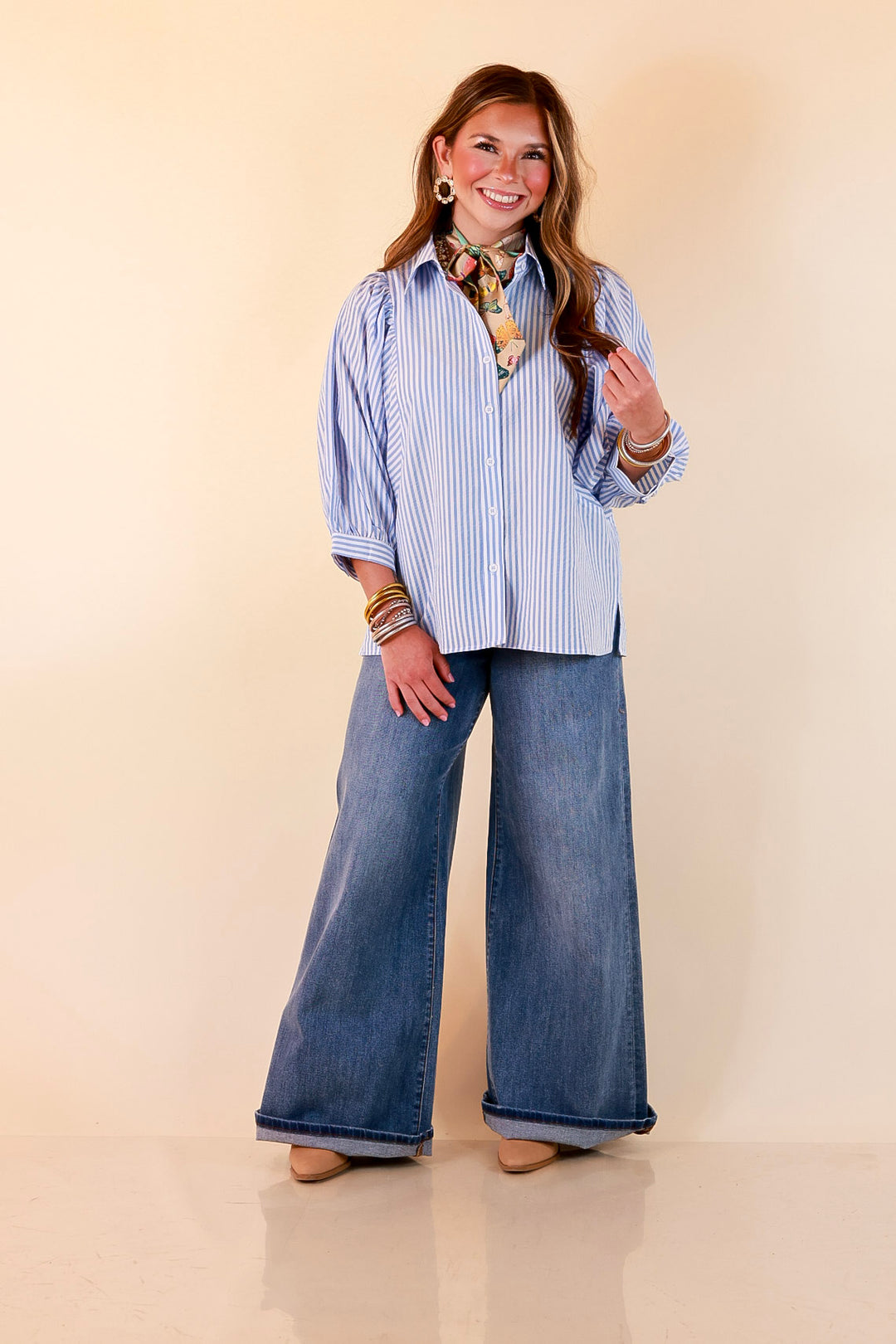 Crisp and Collected Stripe Button Front Collared Top with Puff Short Sleeves in Blue and White