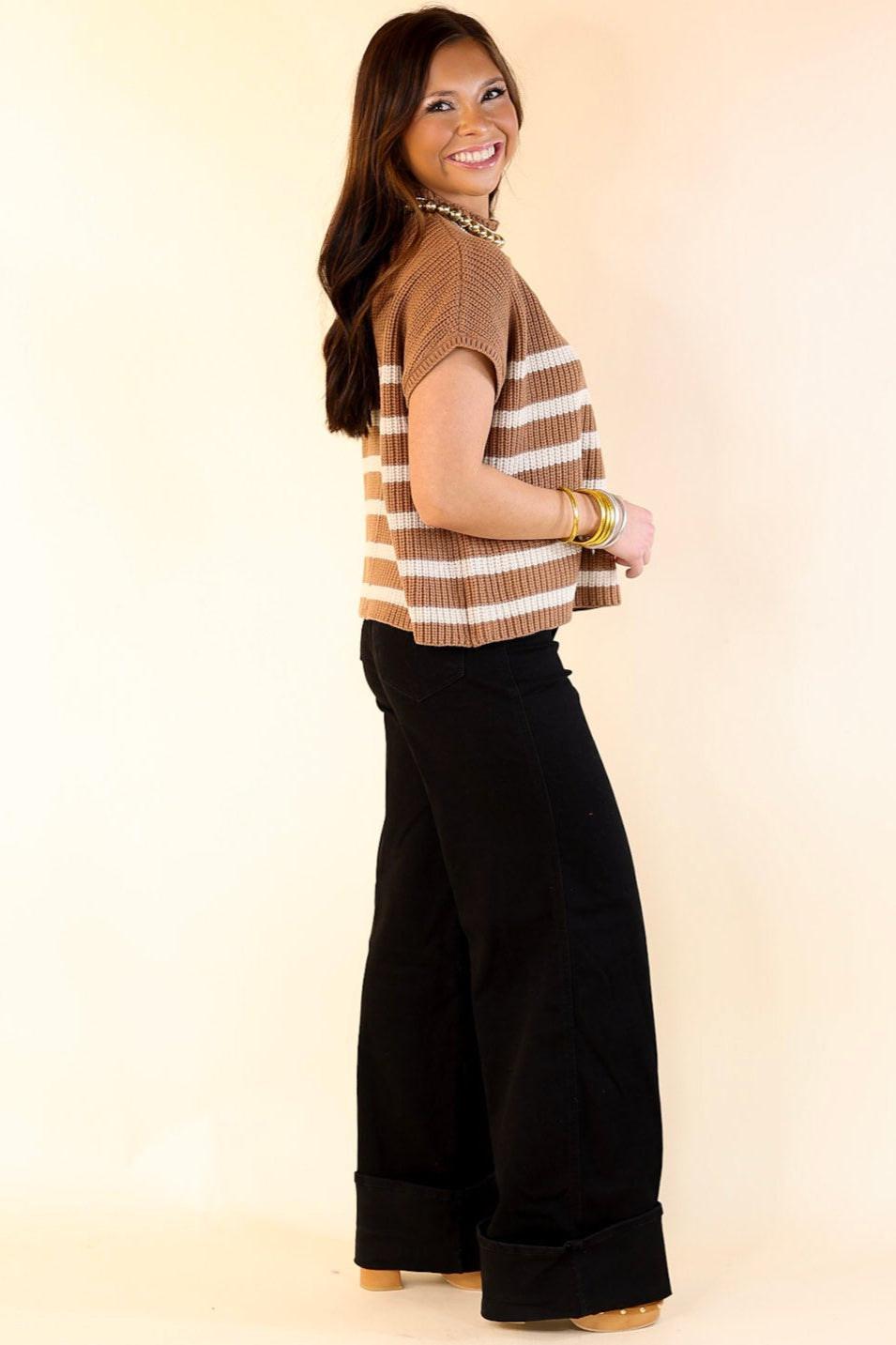 Repeat Worthy Striped Cap Sleeve Cropped Sweater with Front Pocket in Camel Brown