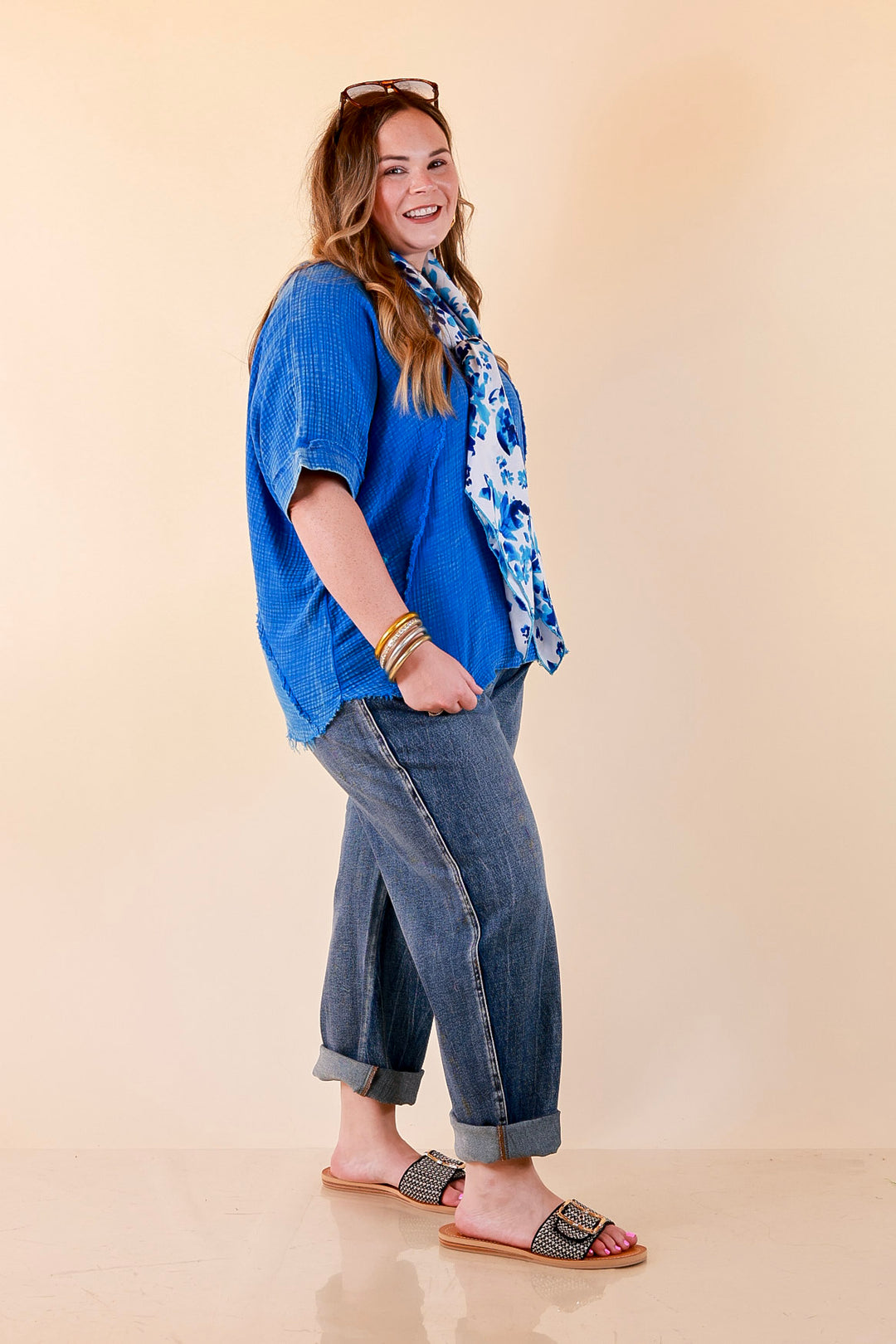 Everyday Ease Short Sleeve Linen Top with Raw Hem Edges in Ocean Blue