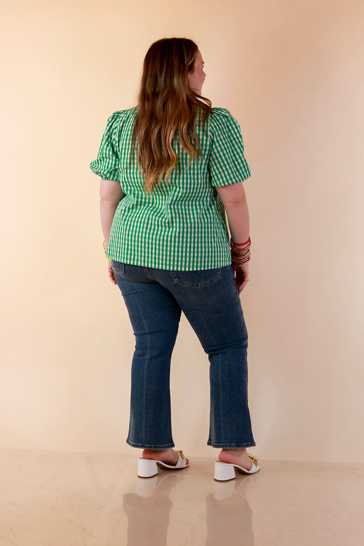 Polished &amp; Playful Short Puff Sleeve Gingham Top with Contrast Hot Pink Trim in Green and White