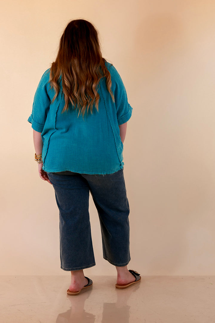 Everyday Ease Short Sleeve Linen Top with Raw Hem Edges in Turquoise Blue