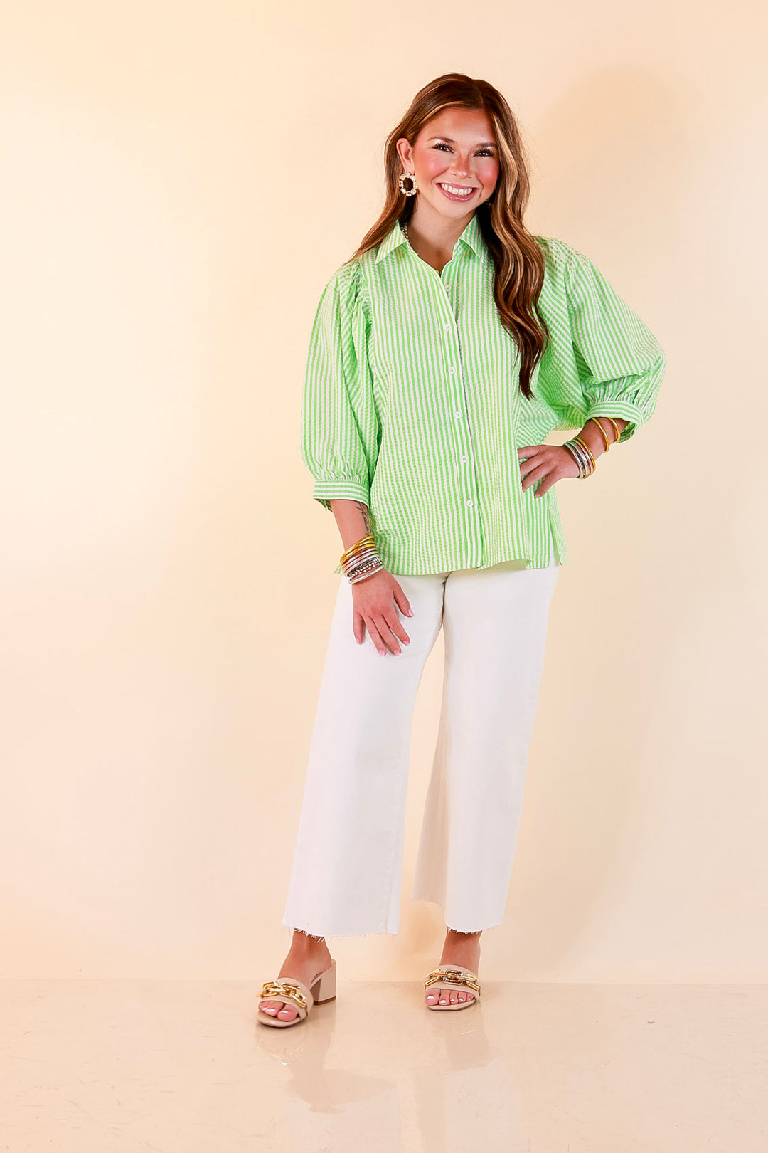 Crisp and Collected Stripe Button Front Collared Top with Puff Short Sleeves in Lime Green and White