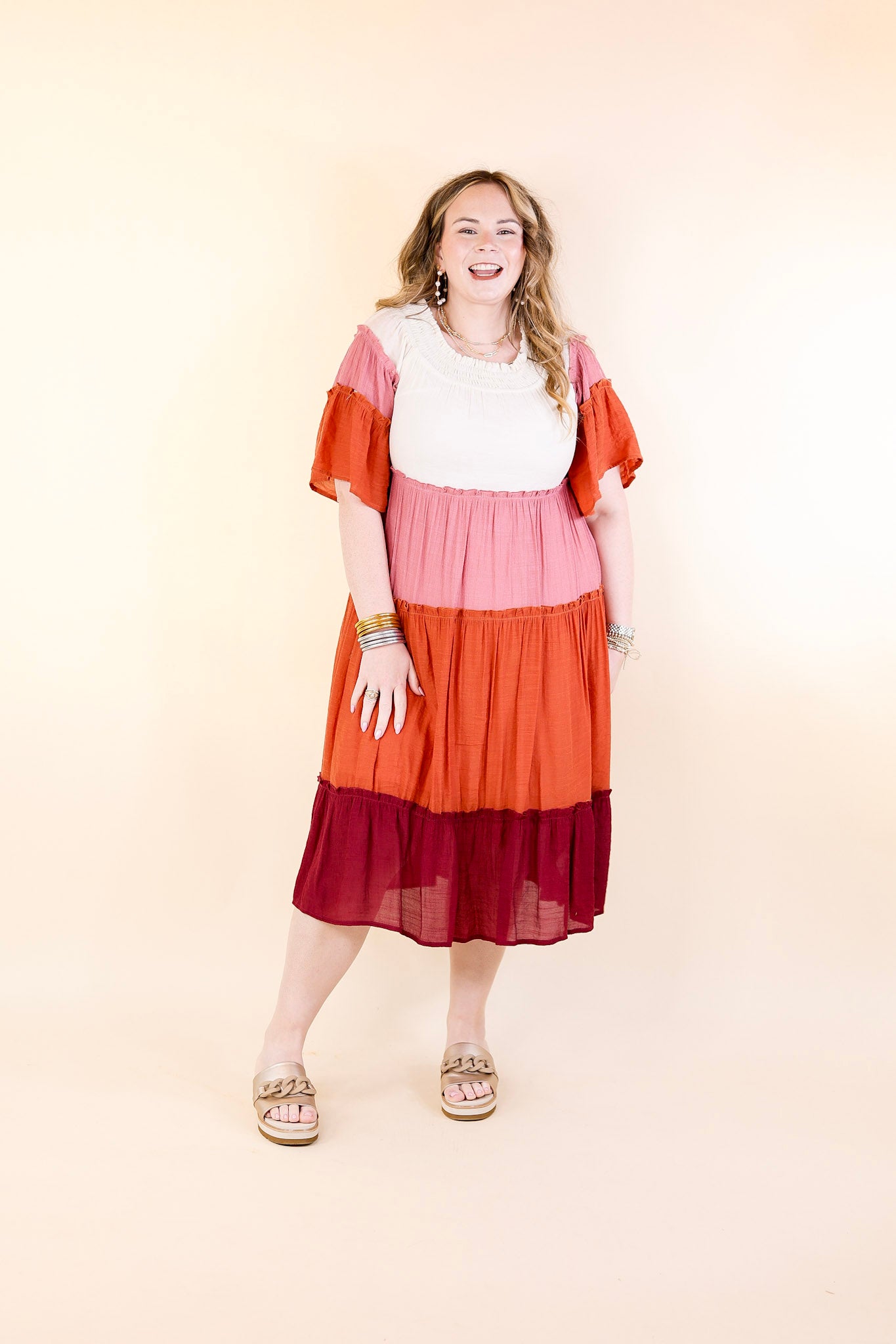 In the Villa Color Block Off the Shoulder Midi Dress in Ivory, Rust, Mauve, and Maroon