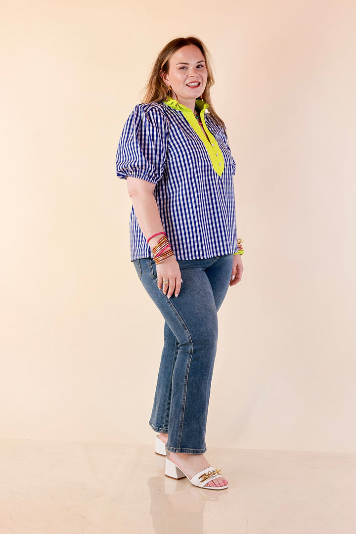Polished &amp; Playful Short Puff Sleeve Gingham Top with Contrast Lime Green Trim in Royal Blue and White