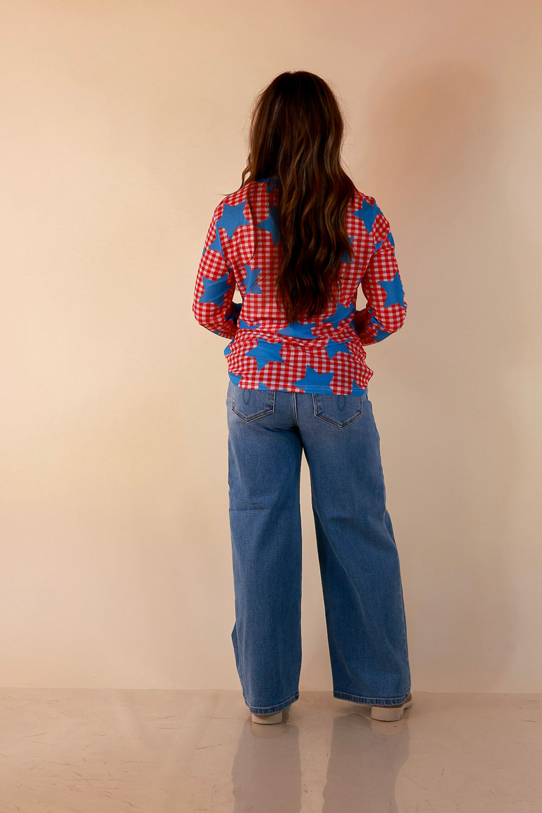 The Essential Layer Gingham and Star Print Sheer Mesh Long Sleeve Top in Red, White and Blue