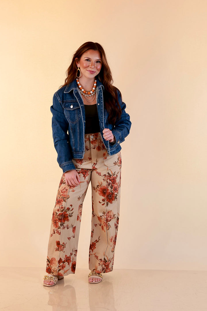 Made to Flourish Floral Print Wide Leg Denim Pants with Front Seam in Tan and Rust