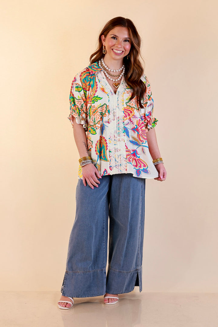 Bold Escape Floral Print Lace Front Top with Collar and Puff Sleeves in Cream Mix