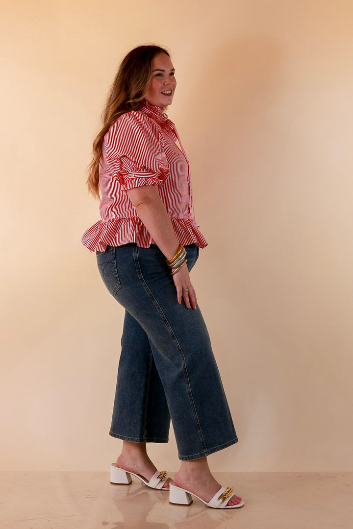 Tea Time Charm Tie Neck Puff Sleeve Peplum Button Front Stripe Blouse in Red
