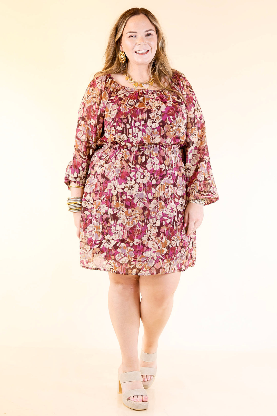 Daybreak Dreamer Floral Dress with Gold Detail in Magenta