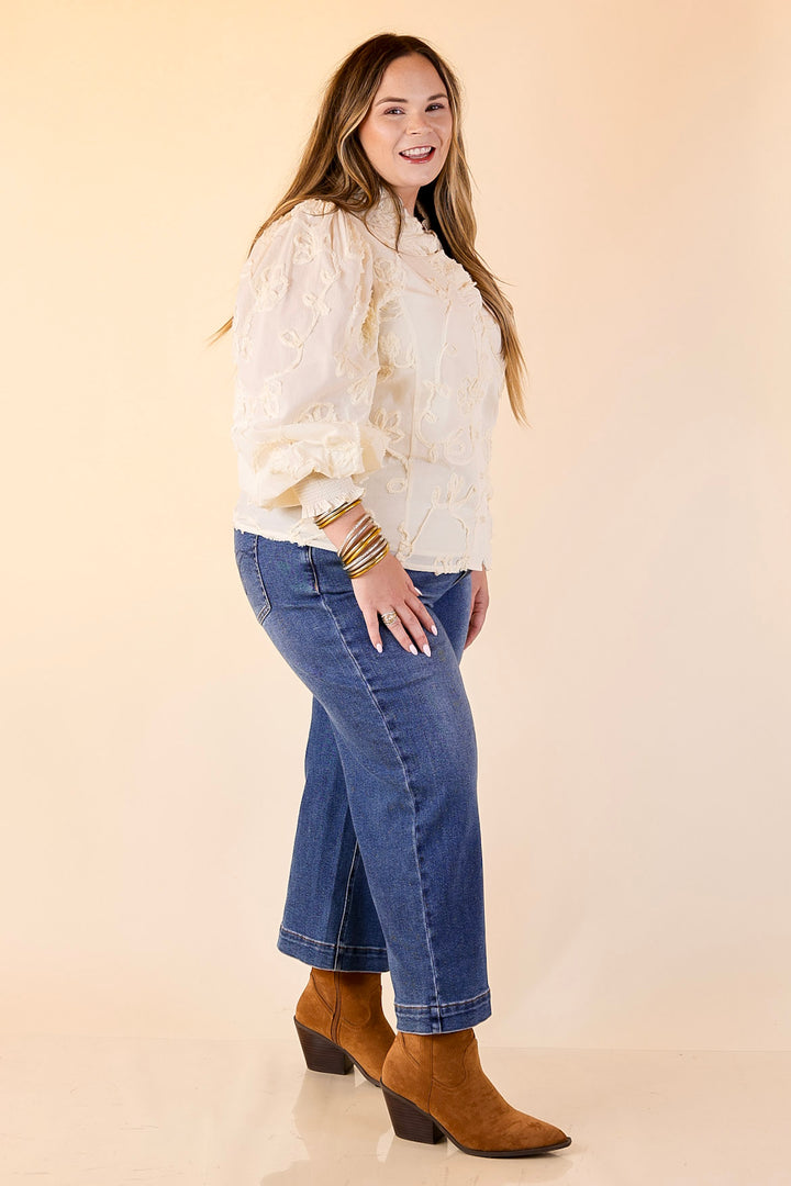 Timeless Romance Ruffled V Neck Floral Applique Embroidered Top in Cream