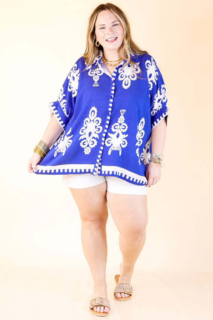 Classic Perfection Damask Print Button Up Collared Blouse in Royal Blue