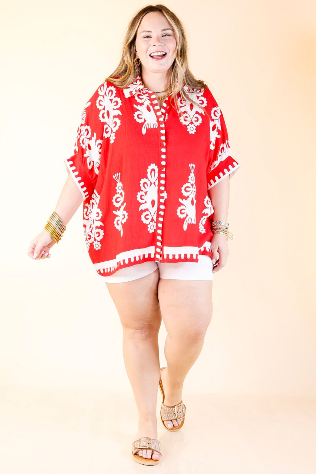 Classic Perfection Damask Print Button Up Collared Blouse in Red