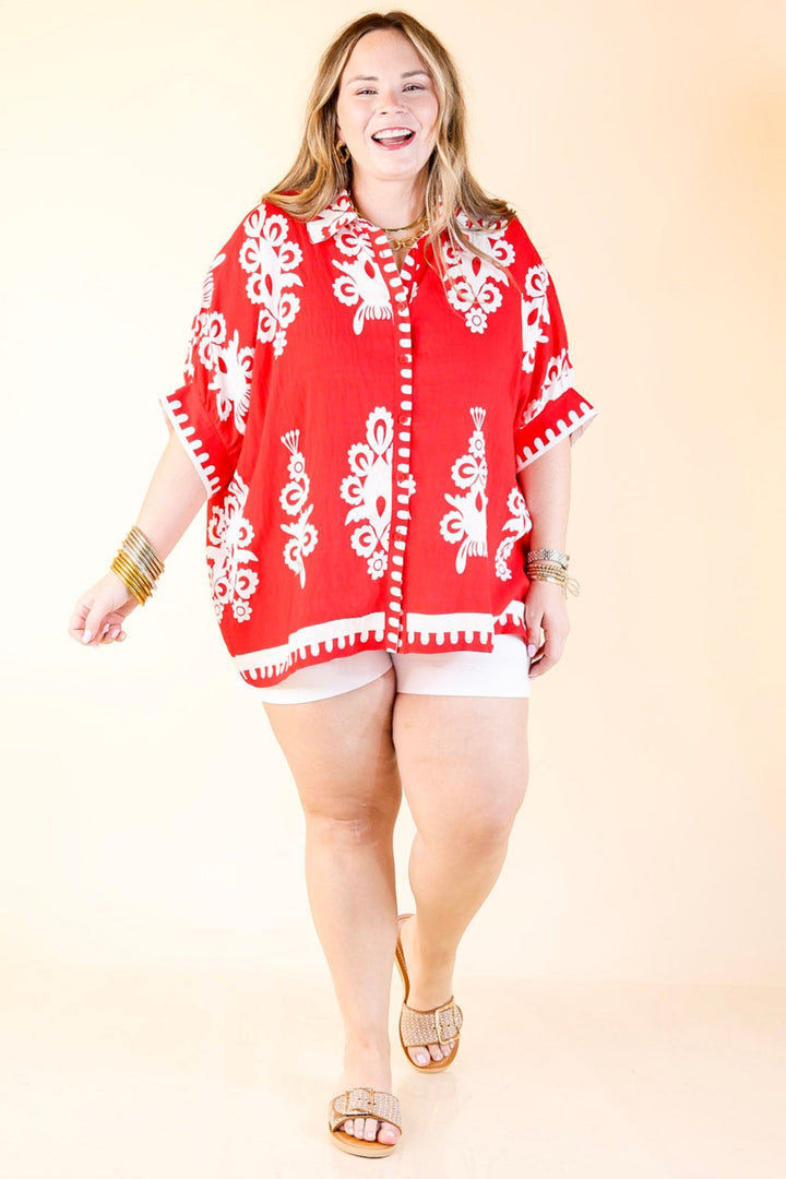 Classic Perfection Damask Print Button Up Collared Blouse in Red