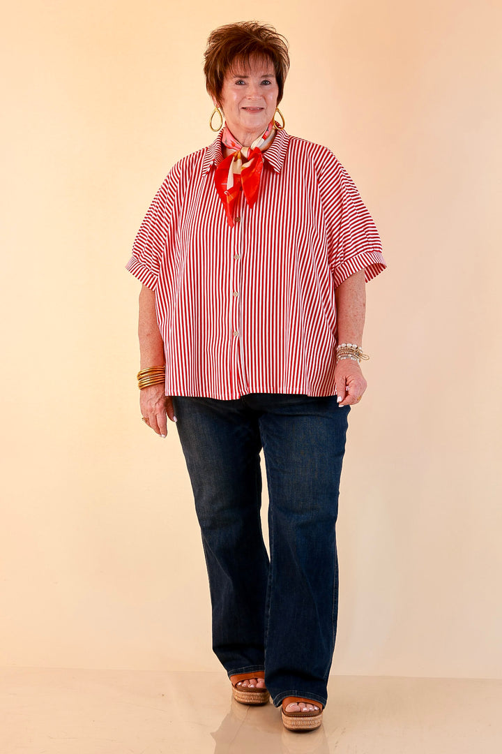 Perfectly Aligned Button Down Collared Top with Vertical Ivory Stripe Detail in Red