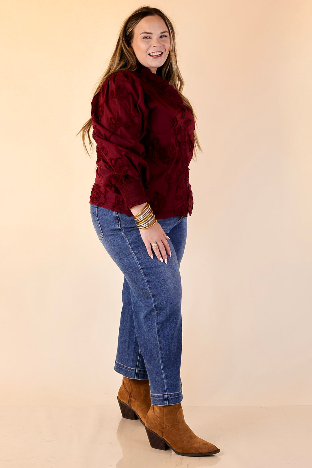 Timeless Romance Ruffled V Neck Floral Applique Embroidered Top in Maroon