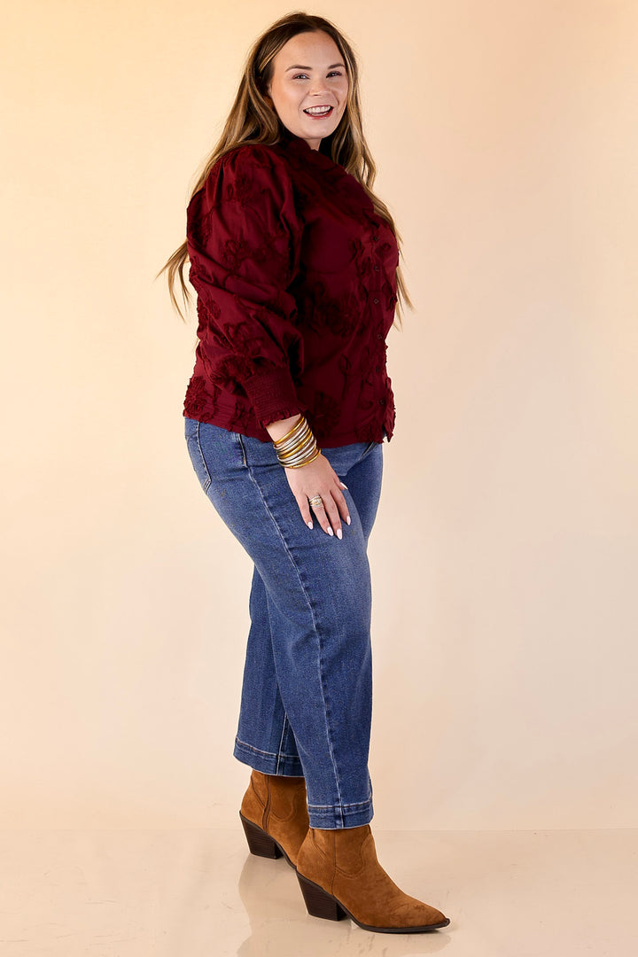 Timeless Romance Ruffled V Neck Floral Applique Embroidered Top in Maroon