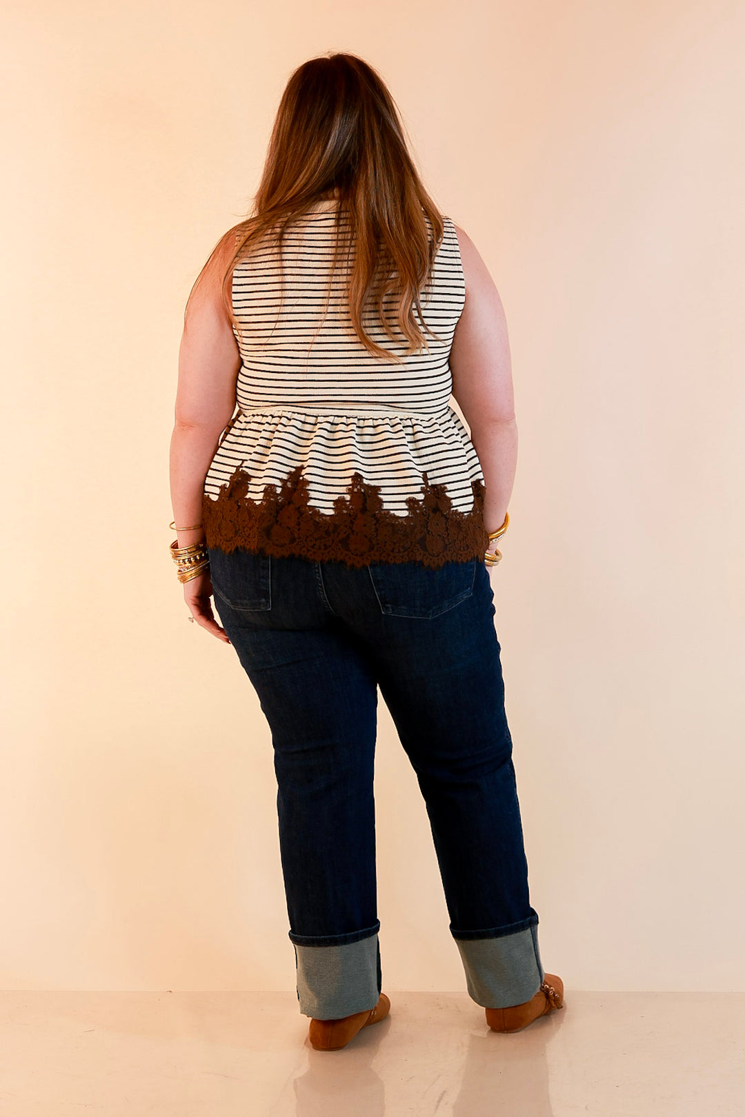 Sweet on Style Striped Peplum Sleeveless Tank Top with Lace Trim Detailing in Ivory and Chocolate Brown