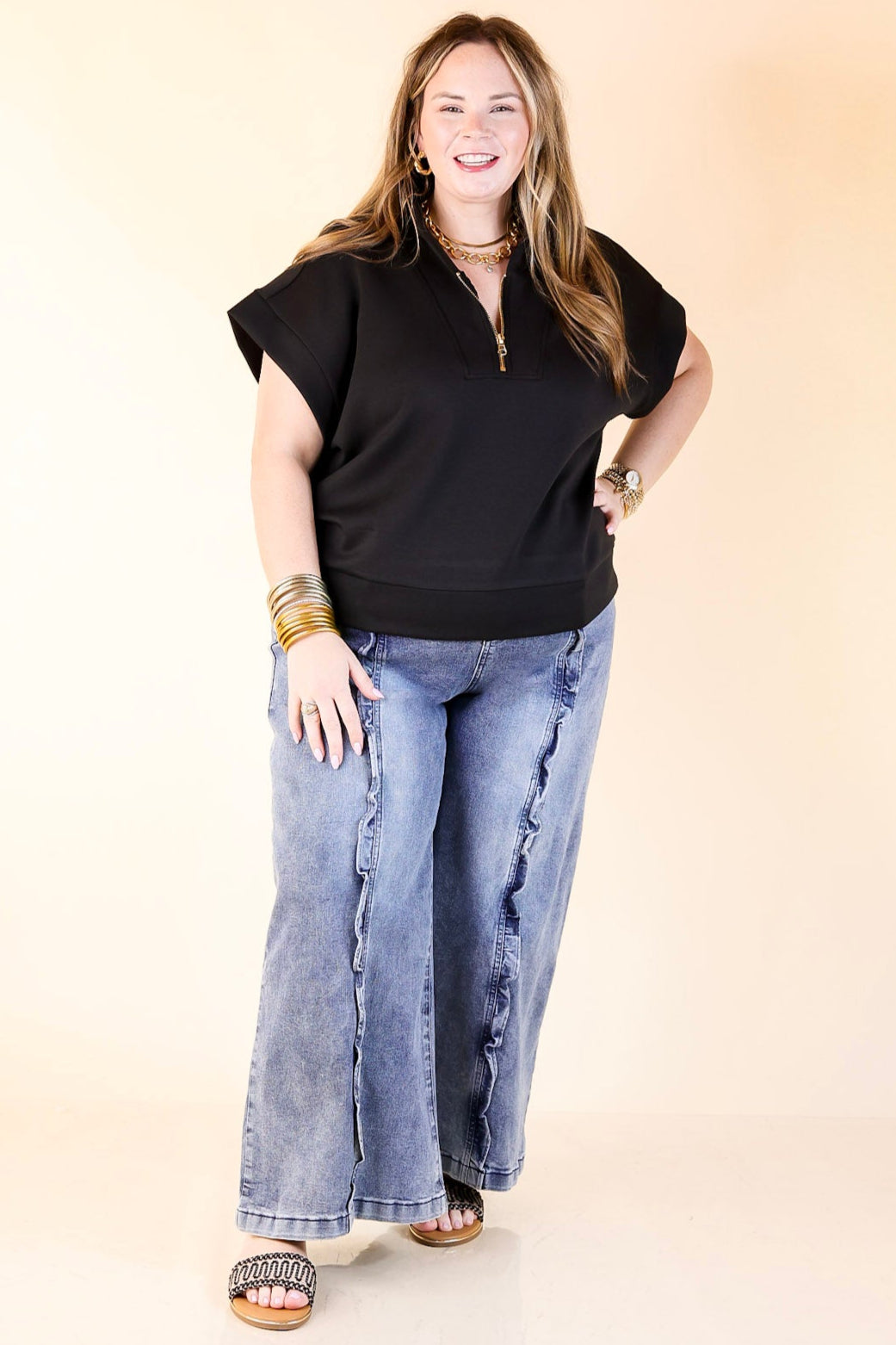 Ripple & Roll Denim Wide Leg Jean with Ruffled Front Seam in Acid Wash