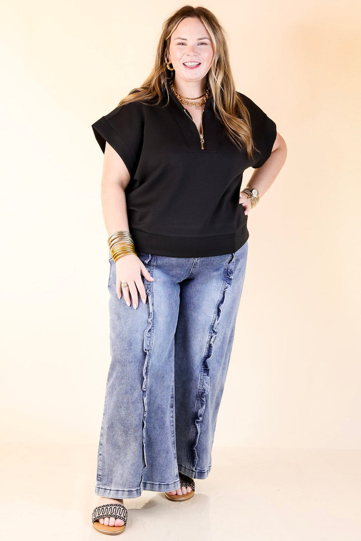 Ripple & Roll Denim Wide Leg Jean with Ruffled Front Seam in Acid Wash