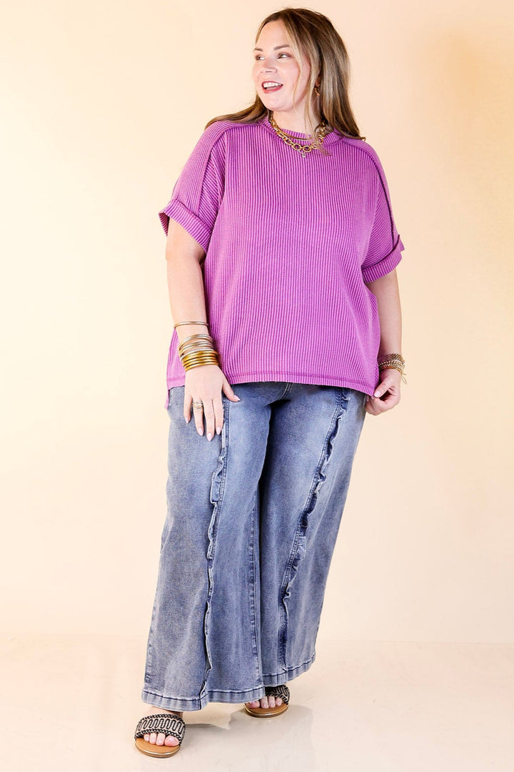 Daily Perfection Scoop Neck Short Sleeve Ribbed Top in Purple