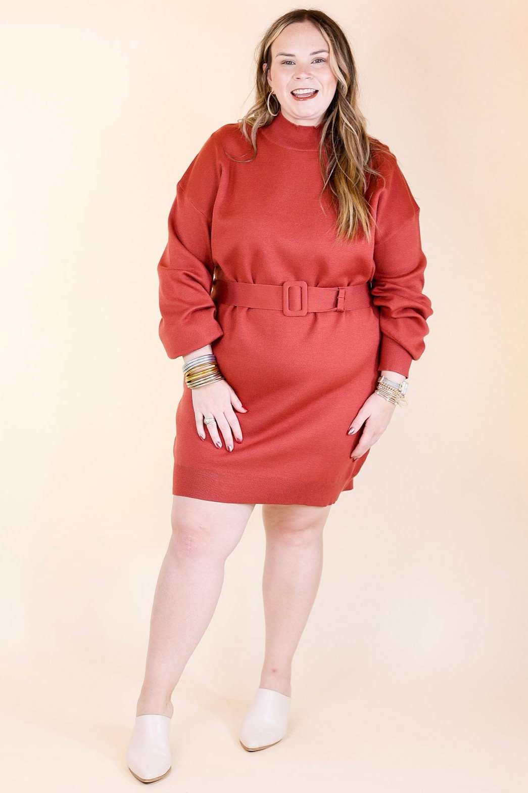 Luxurious Life Sweater Dress with Belt in Rust Red