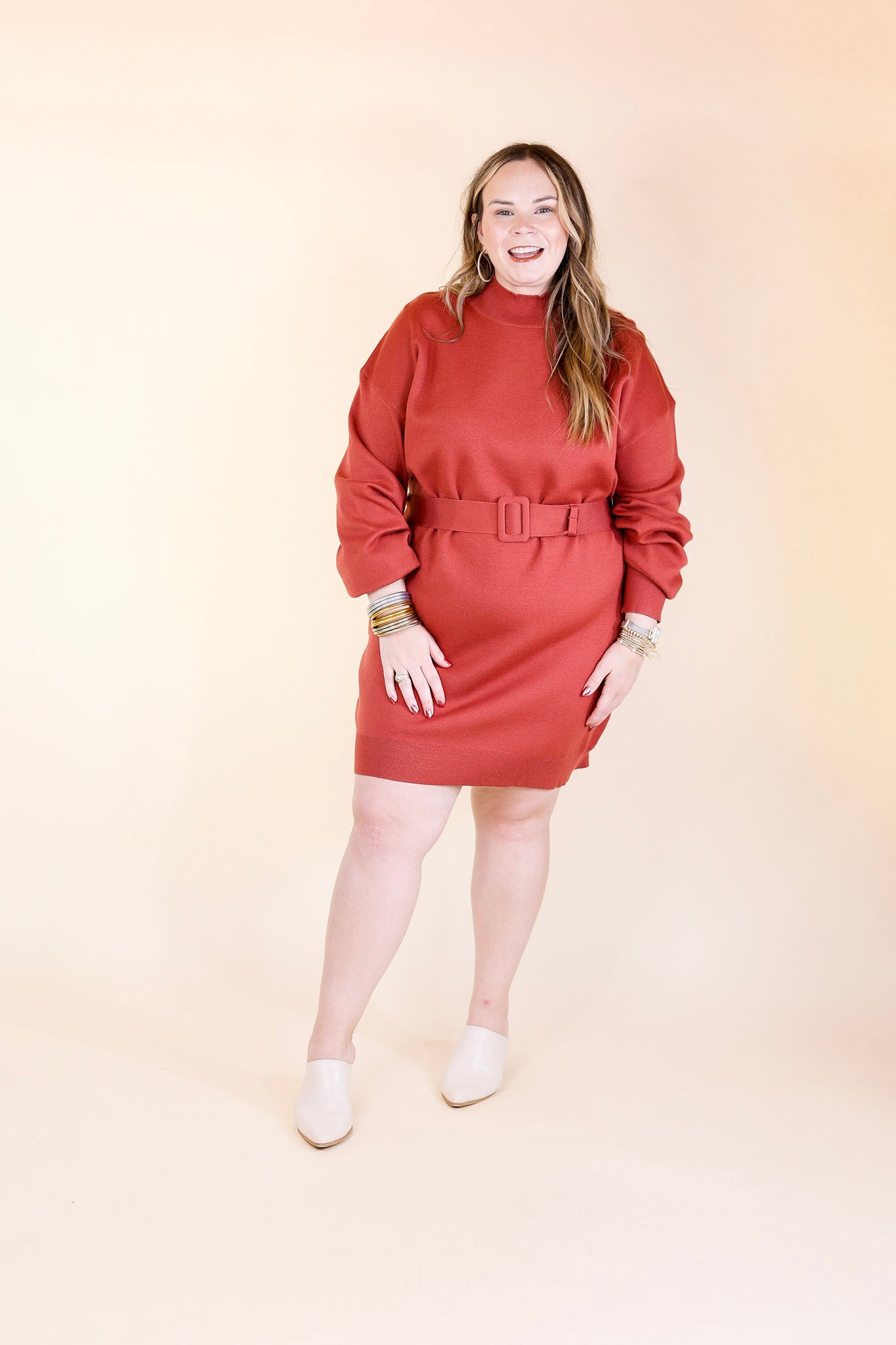 Luxurious Life Sweater Dress with Belt in Rust Red