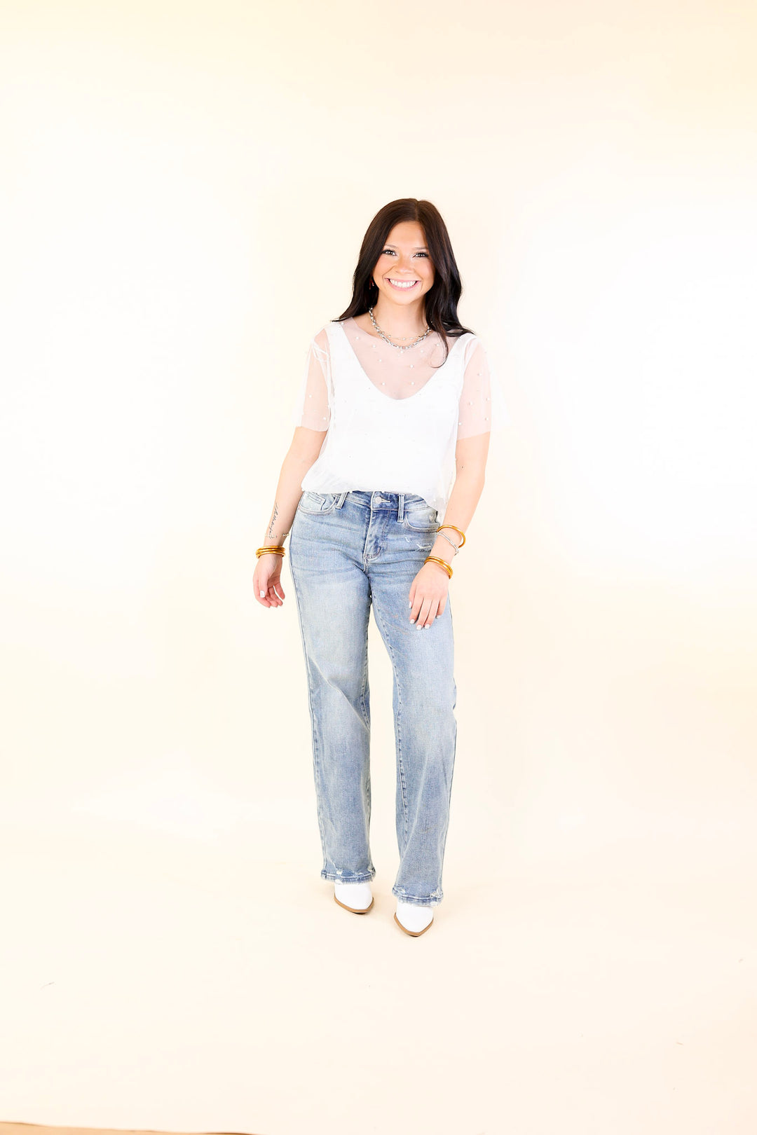 Shimmer in Style Mesh Short Sleeve Top with Pearls and Rhinestones in Off White