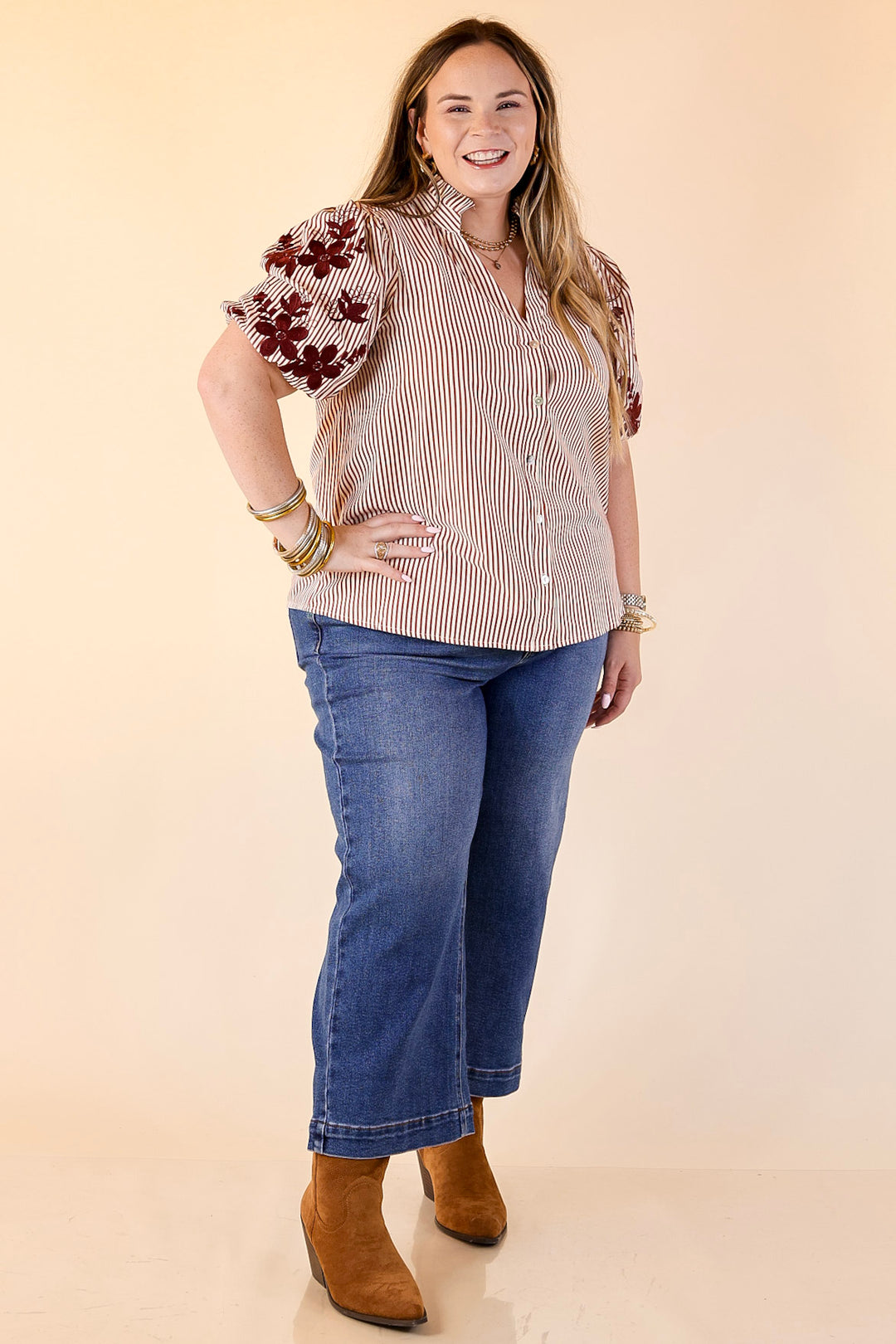Sweet Intentions Button Down Striped Top with Puff Embroidered Sleeves in Maroon