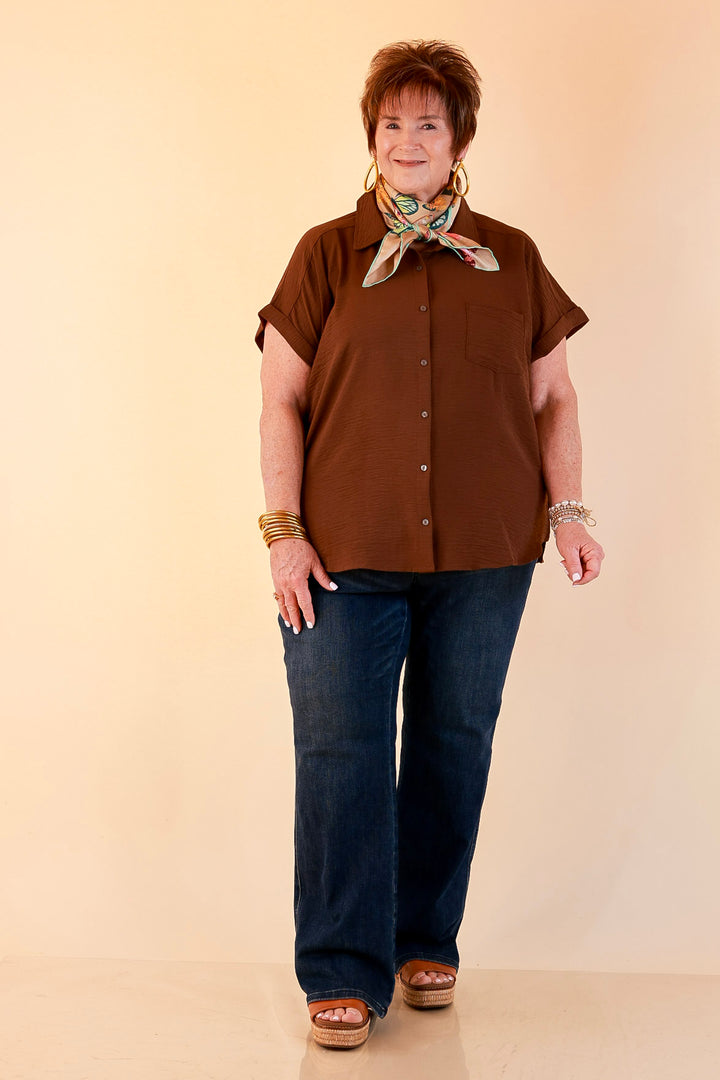 Timeless Appeal Woven Airflow Button Front Top with Rolled Cuff Short Sleeves and Front Pocket in Chocolate Brown