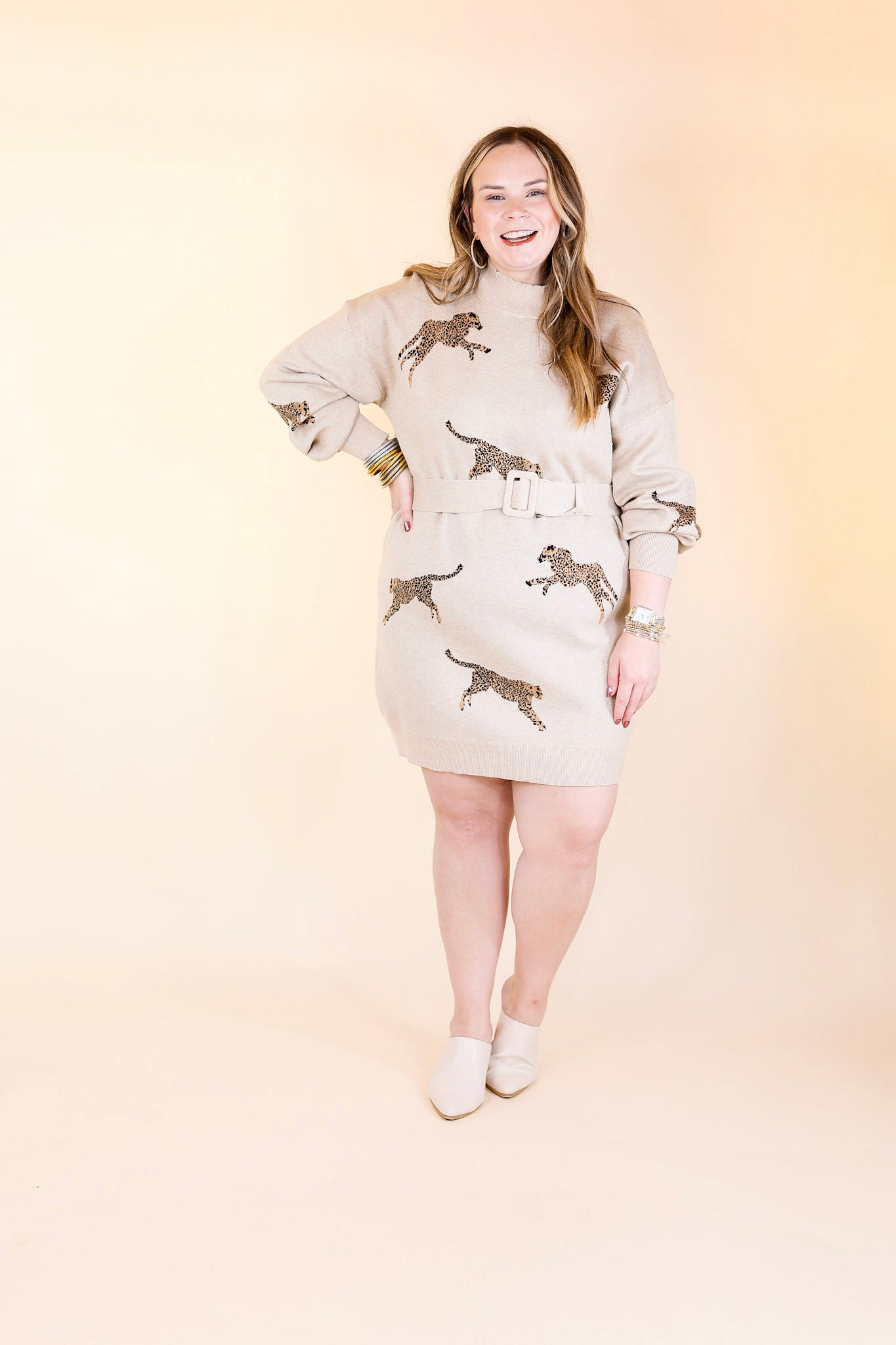 Luxurious Life Animal Print Sweater Dress with Belt in Oatmeal Beige