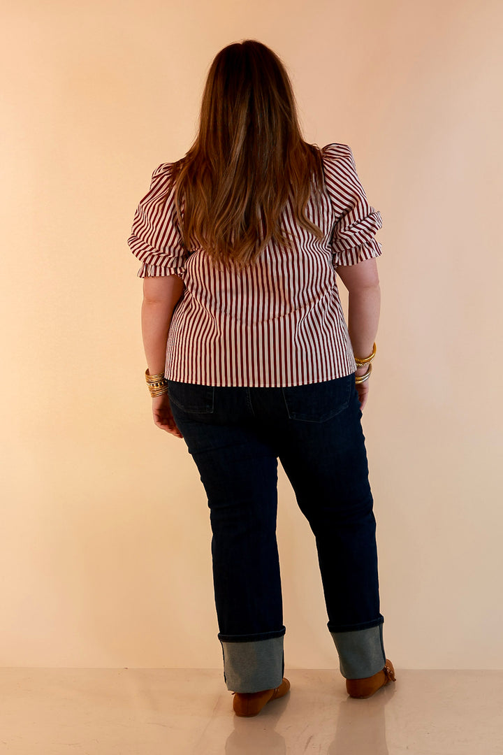 Made You Look Striped Ruffle Front and Sleeve Detailing with Puff Sleeves Blouse in Maroon and Ivory