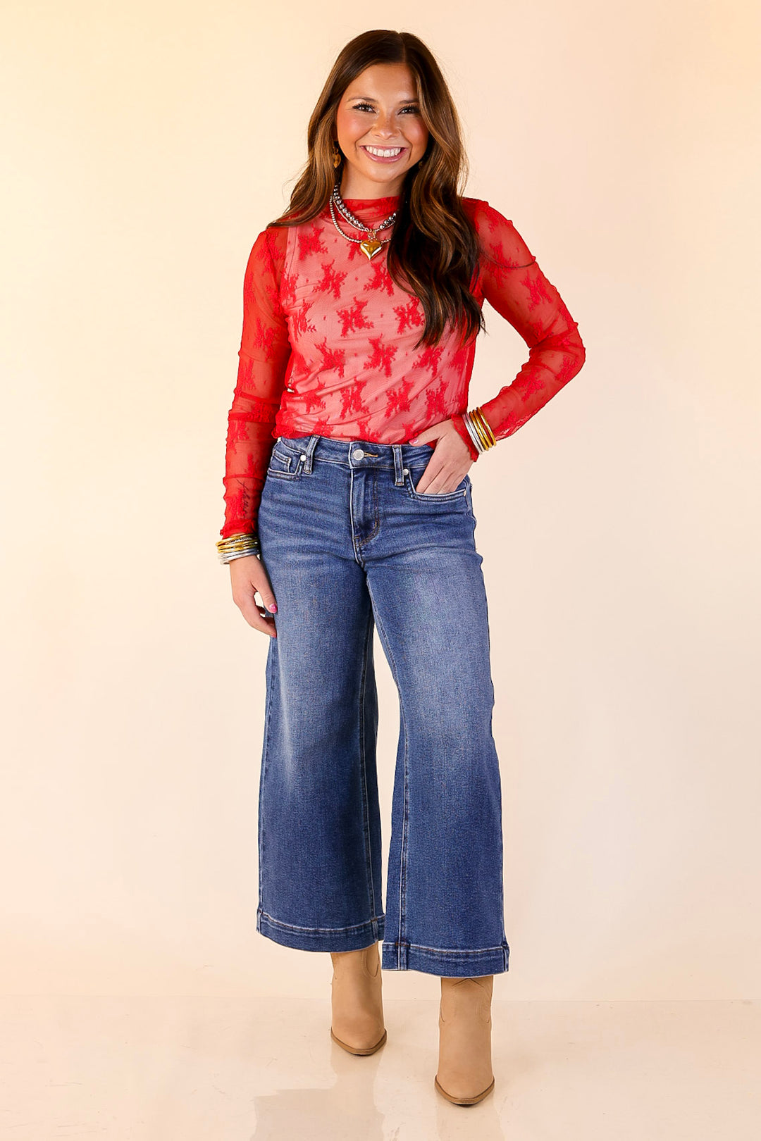 Daringly Delicate Sheer Mock Neck Long Sleeve Lace Top in Red