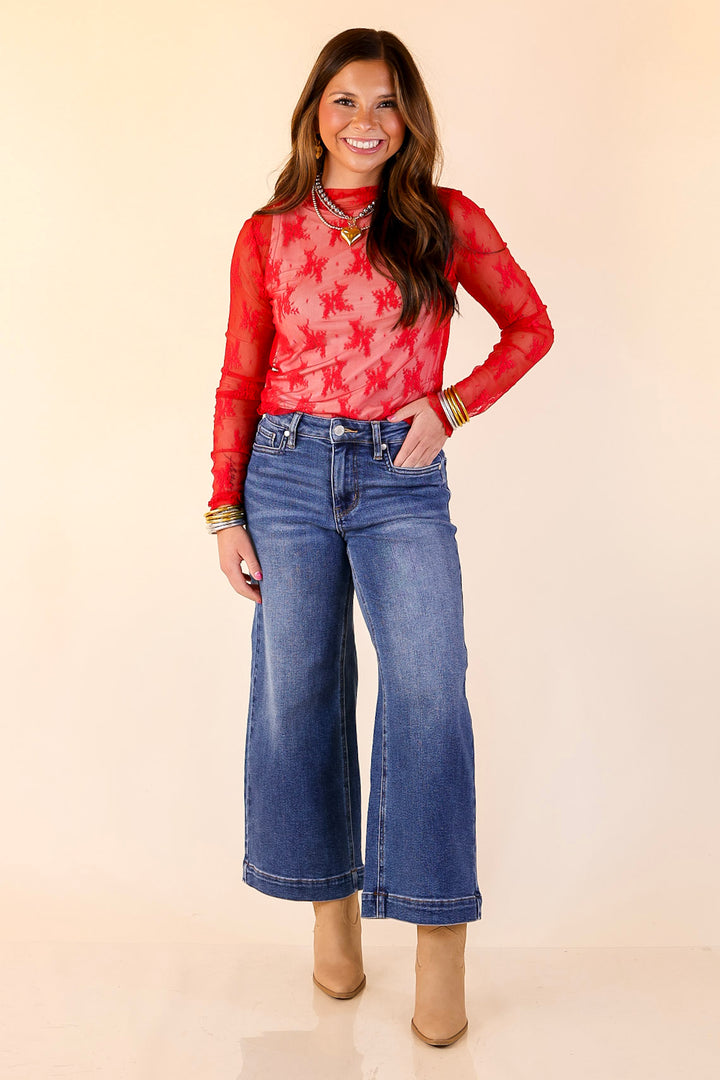 Daringly Delicate Sheer Mock Neck Long Sleeve Lace Top in Red