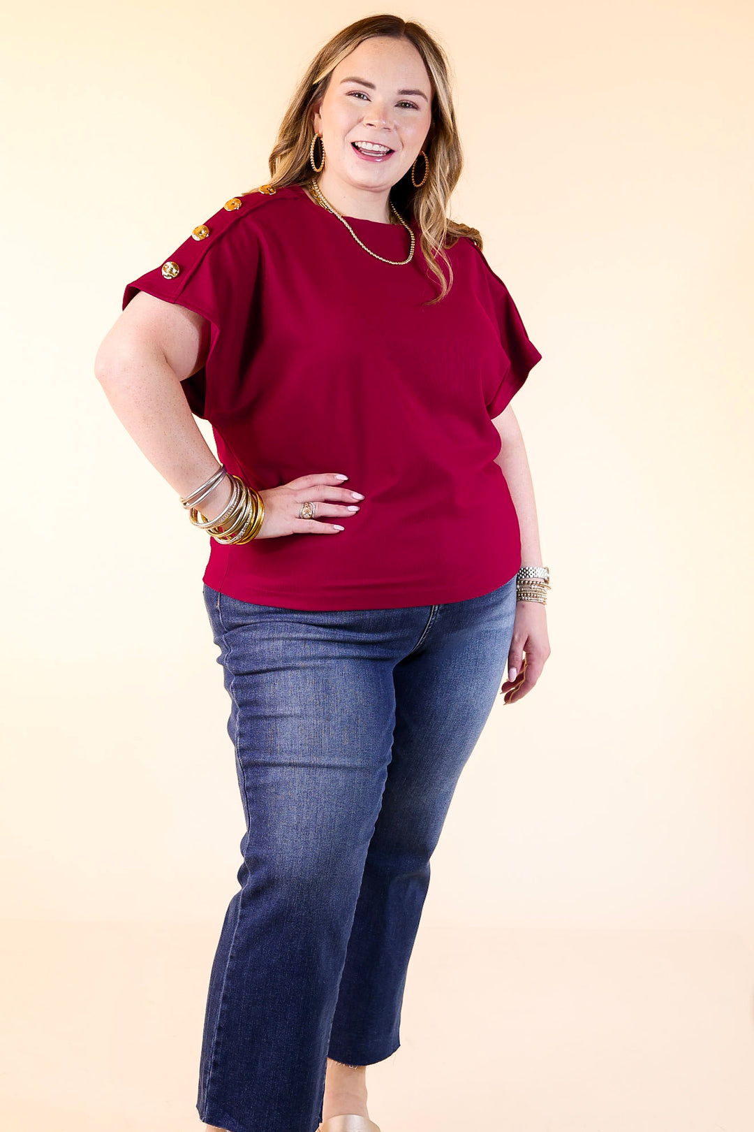 Golden Hour Glow Ribbed Crew Neck Top With Gold Button Detailing in Maroon