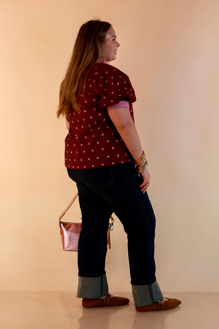Pop of Polish Short Puff Sleeve Button Front Polka Dot Print Top with Contrast Trim in Maroon and Pink