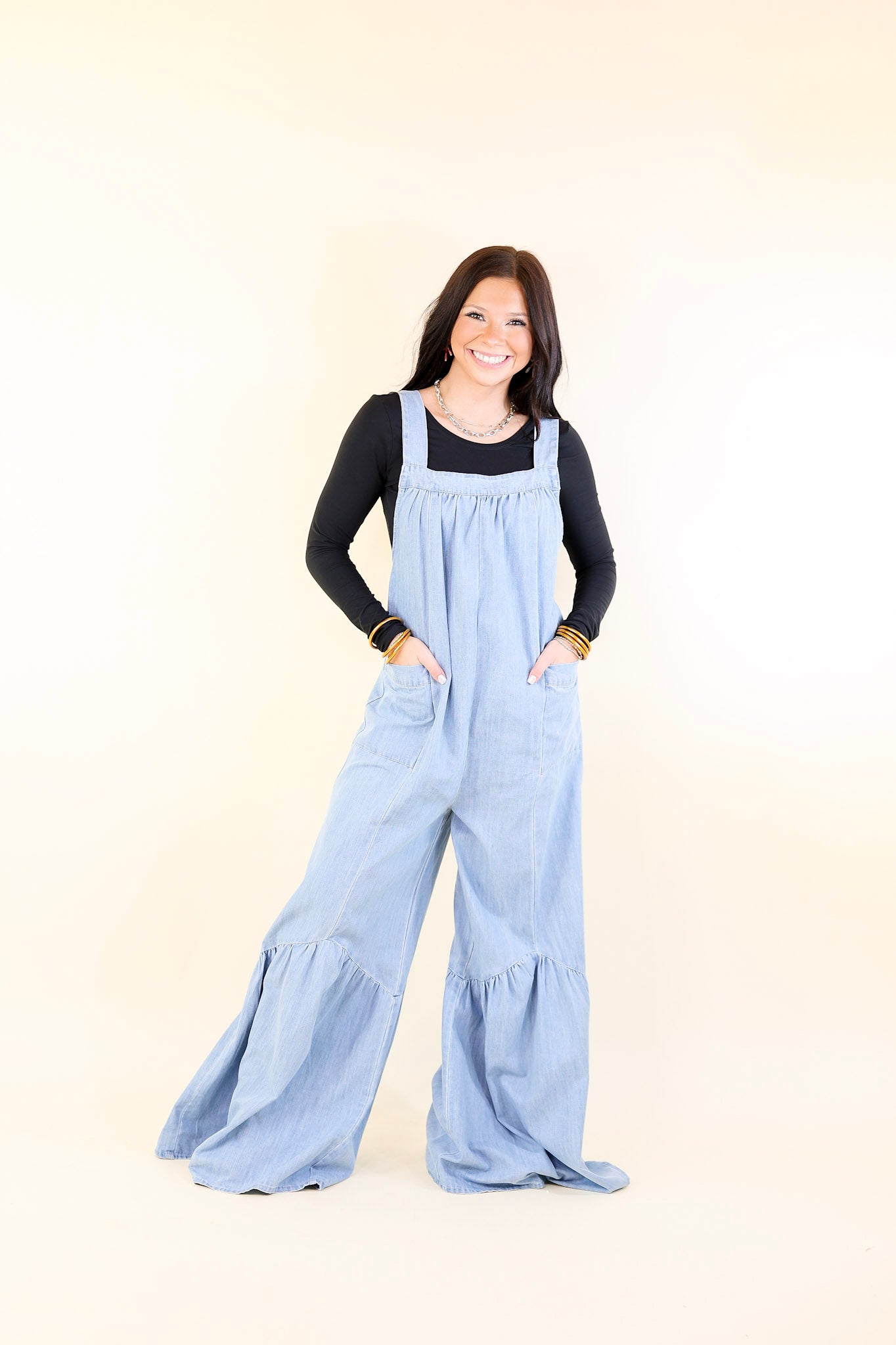 Vintage Vibes Denim Jumpsuit with Tie Straps in Light Wash